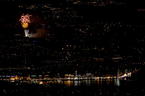 Swiss National Holiday, Geneva city view at night, Fireworks